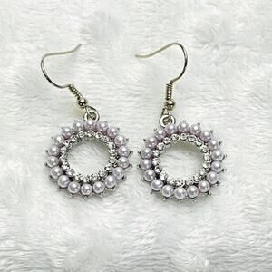 Double Circle Light Purple Faux Pearls & White Rhinestone Silver Dangle Earrings